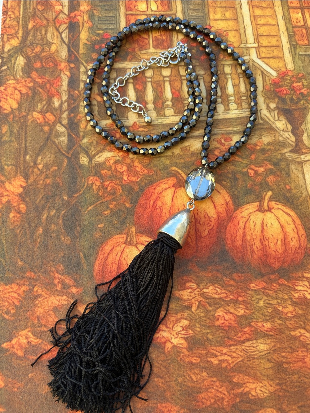 Chico's Black Glass Beaded Necklace with Silver-Tone Pendant and Black Tassel